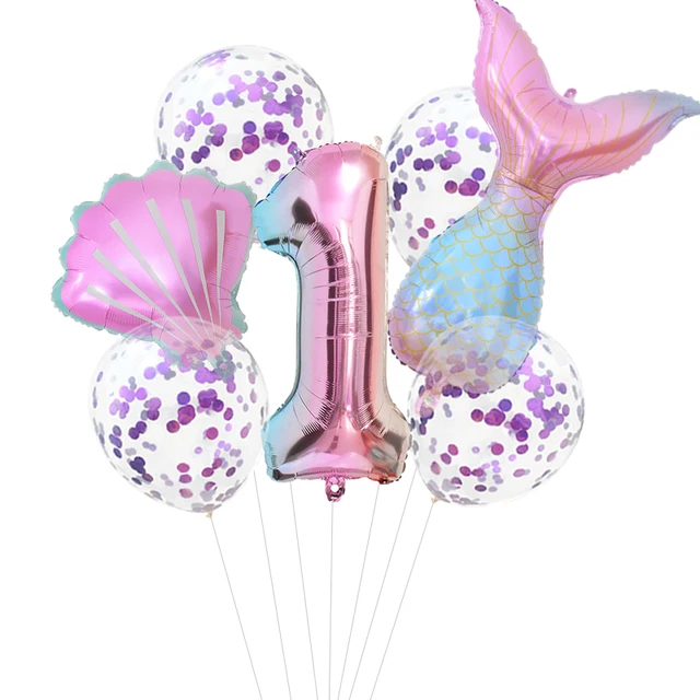 Mermaid Birthday Party Disposable Tableware Set Under The Sea Party Little Mermaid Girls 1st Birthday Decoration Shell Balloons 7pcs number1 set