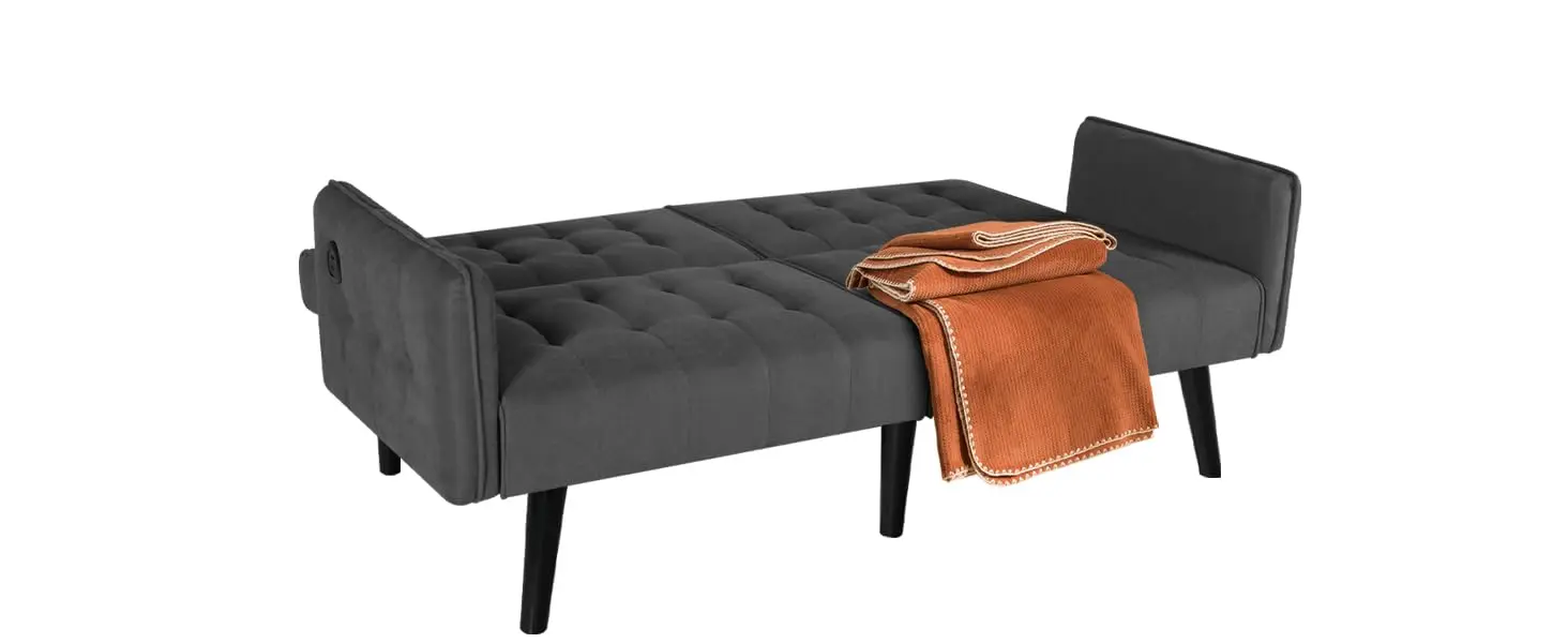 Description Picture 3 of item65“ Convertible Futon Sofa Bed w/ 2 USB, Upholstered Tufted Adjustable Folding Couch Loveseat, Modern Mid Century Sleeper Sofa