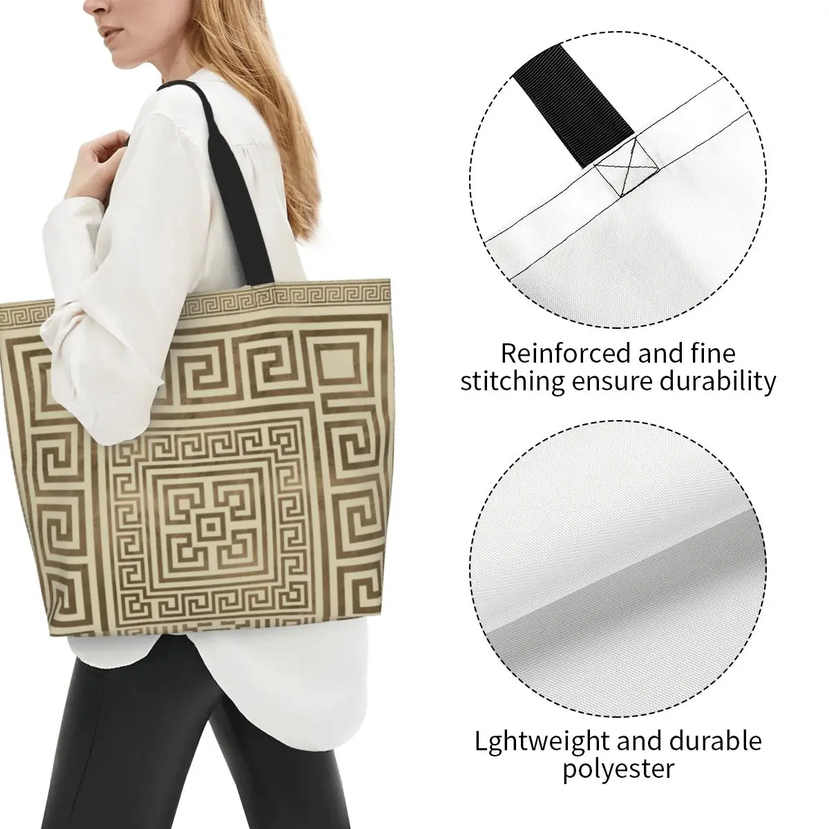 Fashion Print Greek Key Ornament Tote Shopping Bags Washable Canvas Shopper Shoulder Greek Meander Pastel Gold Handbag