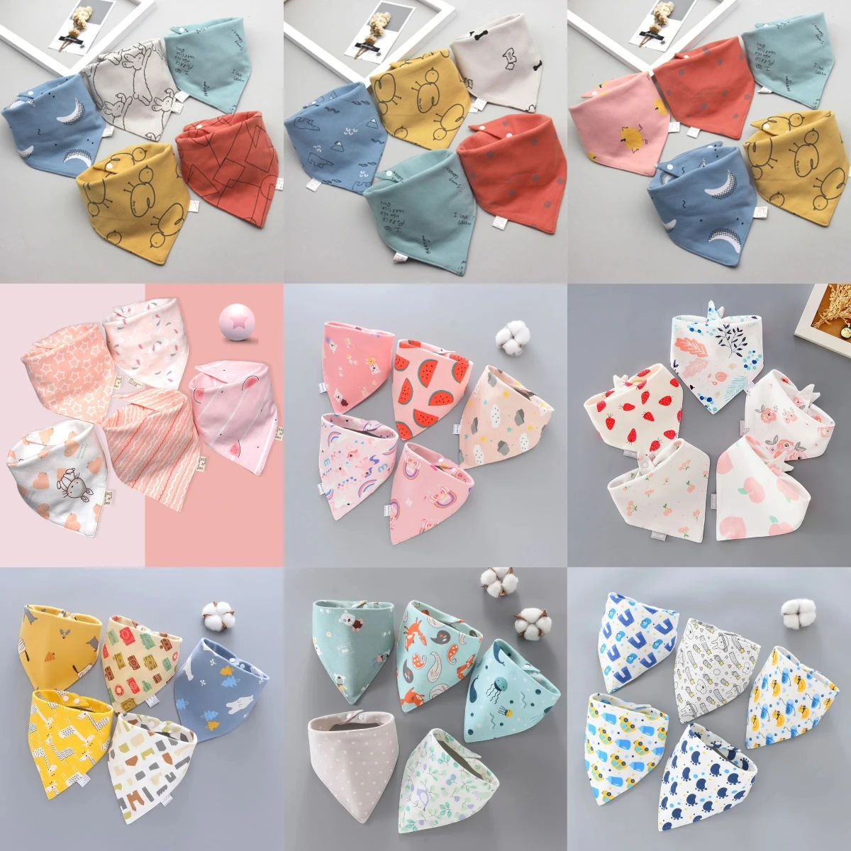 100% Cotton Baby Bibs Triangle Burp Cloths Cartoon Saliva Towel Baby Feeding Bibs Soft Absorbent Boys Girl Saliva Towel 5Pcs/Set