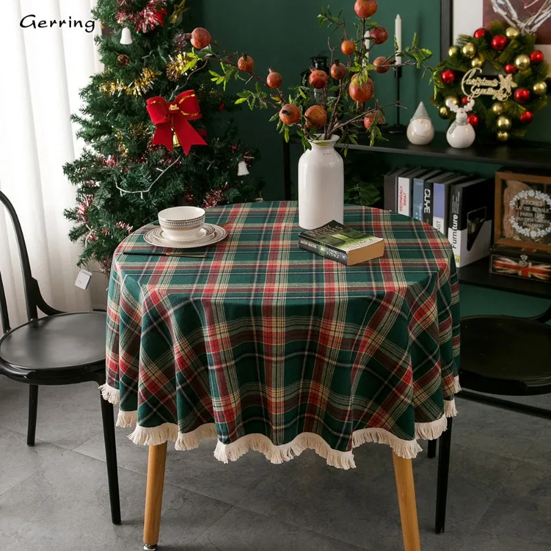 

Gerring Christmas Coffee Table Cover Yarn Dyed Plaid Holiday Wedding Deco Tablecloth American Round Tassel Table Cloth For Party