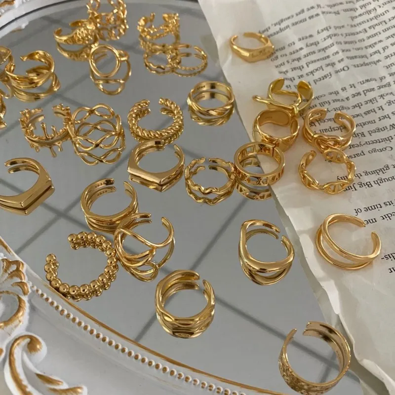 18K Gold Color Geometric Design Versatile Open Rings for Women Simple Fashion Aesthetic Ring Daily Jewelry Accessories Wholesale