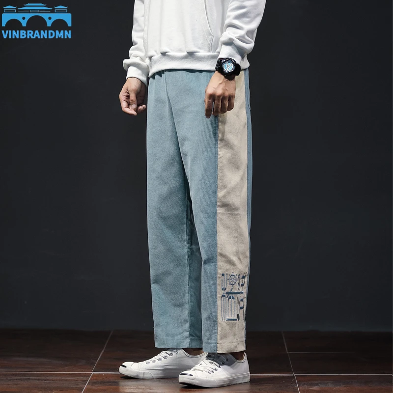 

Autumn Winter New Men's Chinese Style Pants Corduroy Color Contrast Men's Embroidered Pants Trend Straight Pants Casual Pants