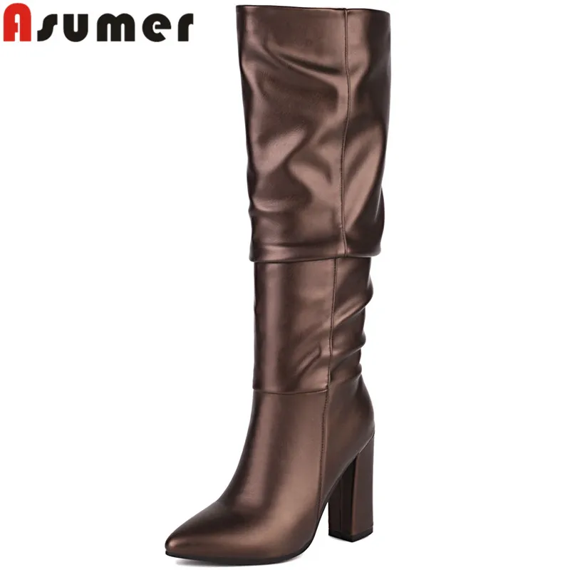 

ASUMER 2022 Size 34-43 New Slip On Knee High Boots Solid Thick High Heels Ladies Boots Synthetic Women Boots