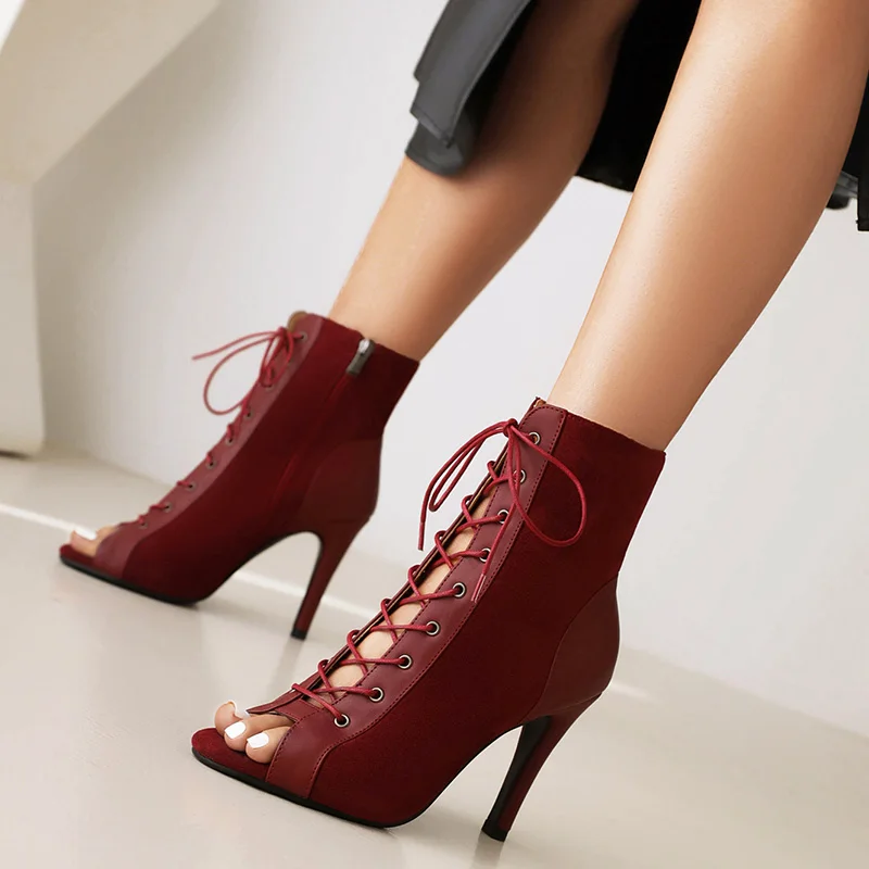 

Flock Peep Toe Summer Ankle Boots for Ladies Cross-tied High Thin Heels Wine Red Party Dace Banquet Shoes Women 2023 Drop Ship