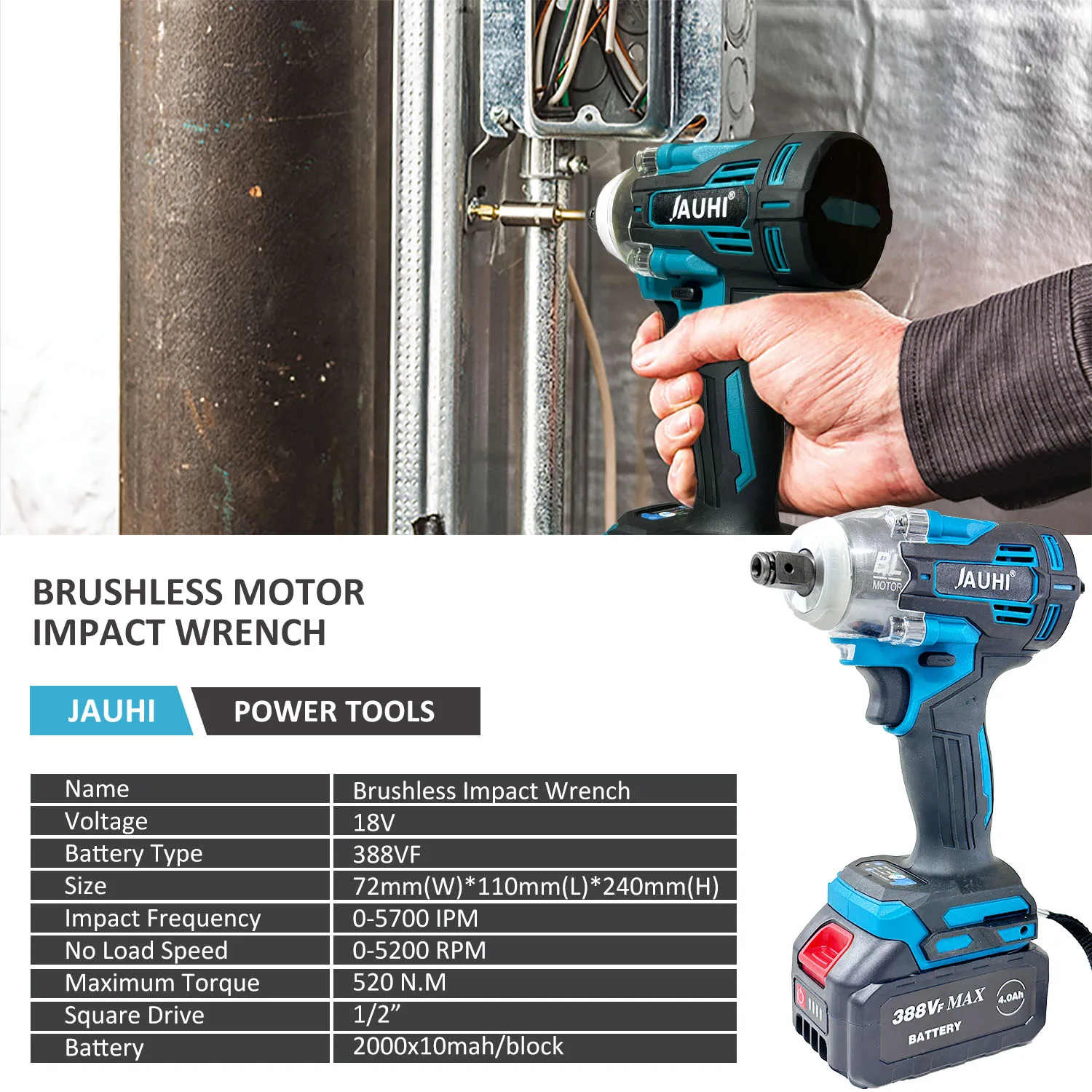 JAUHI 무선 전기 임팩트 렌치, 브러시리스 렌치, 5200rpm, 1/2 인치 스크루 드라이버, 마키타 18V 배터리 전동 공구, 520N.m