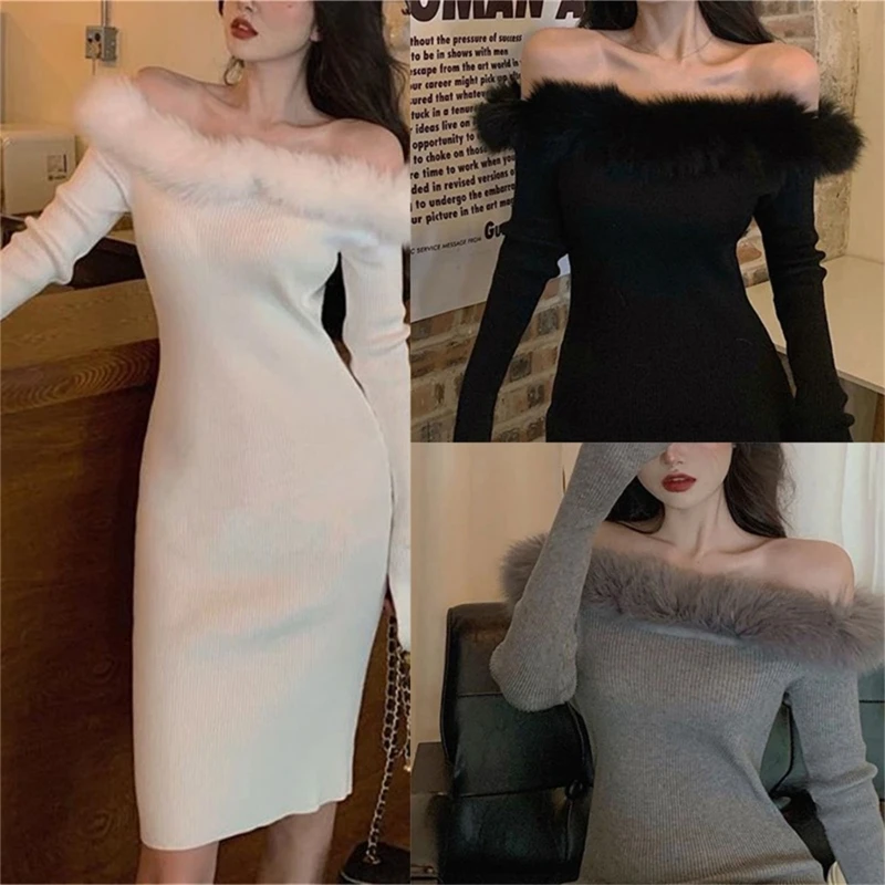 

Women Sexy Off Shoulder Feather Patchwork Collar Long Sleeve Bodycon Knit Dress Dropship