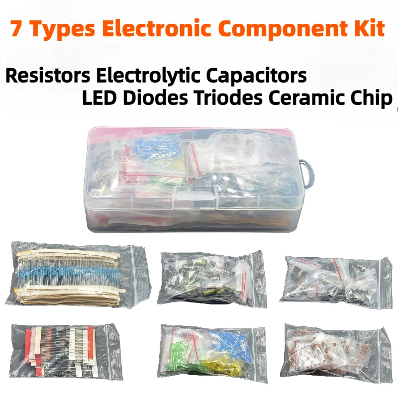 Electronic Component Kit 7 Kind Metal Film Resistor Assortment Led Diodes Electrolytic Capacitor Ceramic Set Transistor Pack DIY image 1