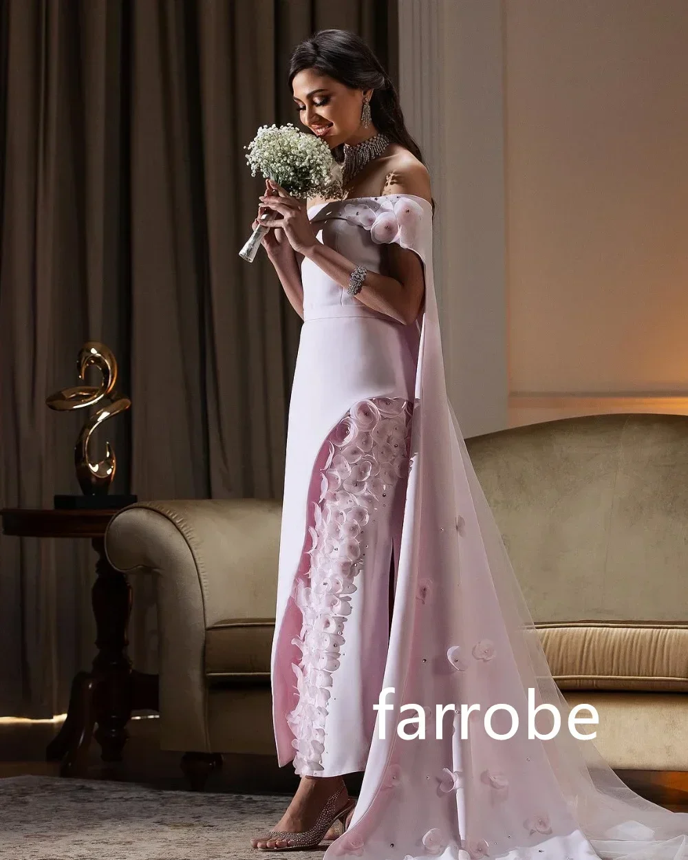 Prom Dress Customized Jersey Pleat Flower A-line Off-the-shoulder Midi
