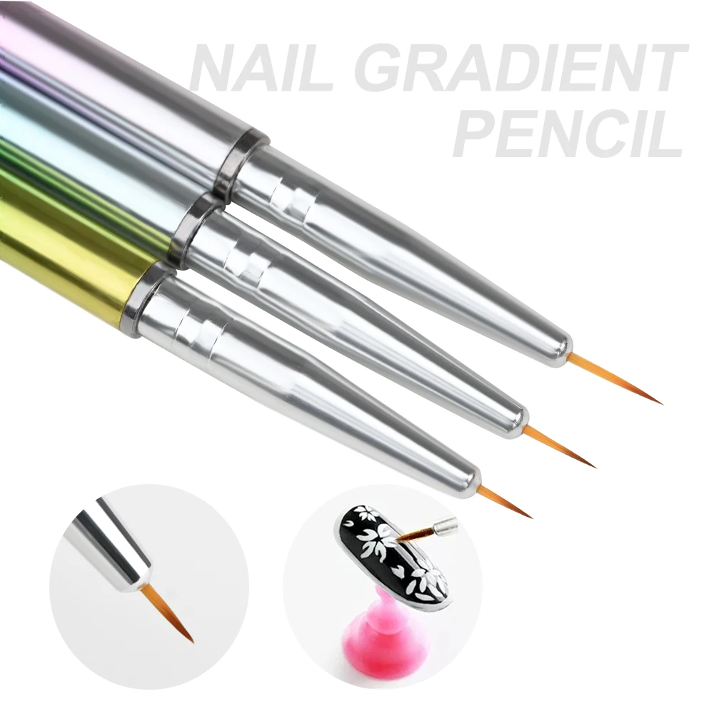 (6mm/8mm/10mm)Nail Art Liner Brushes 3Pcs UV Gel Painting Nail Art Design Brush Gradient Metal Hand Lever Nail Drawing Pen Set 4