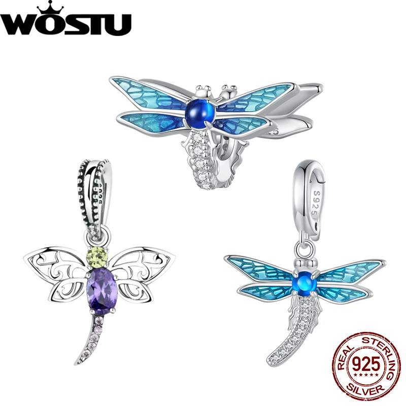 

WOSTU 925 Стерлинговое Серебро Великолепная стрекоза кулон эмаль синяя природа бусины с насекомыми подходит оригинальный браслет для женщин DIY подарки