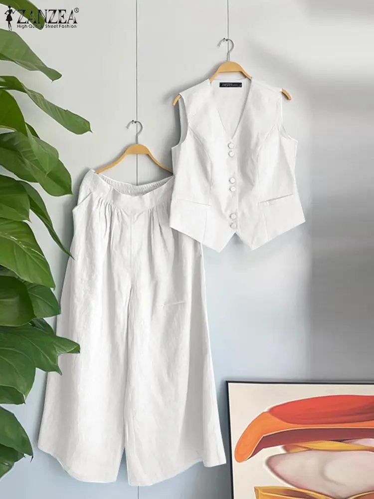 

Костюм ZANZEA женский летний из двух предметов, праздничный однотонный модный жилет с V-образным вырезом, винтажные брюки с широкими штанинами