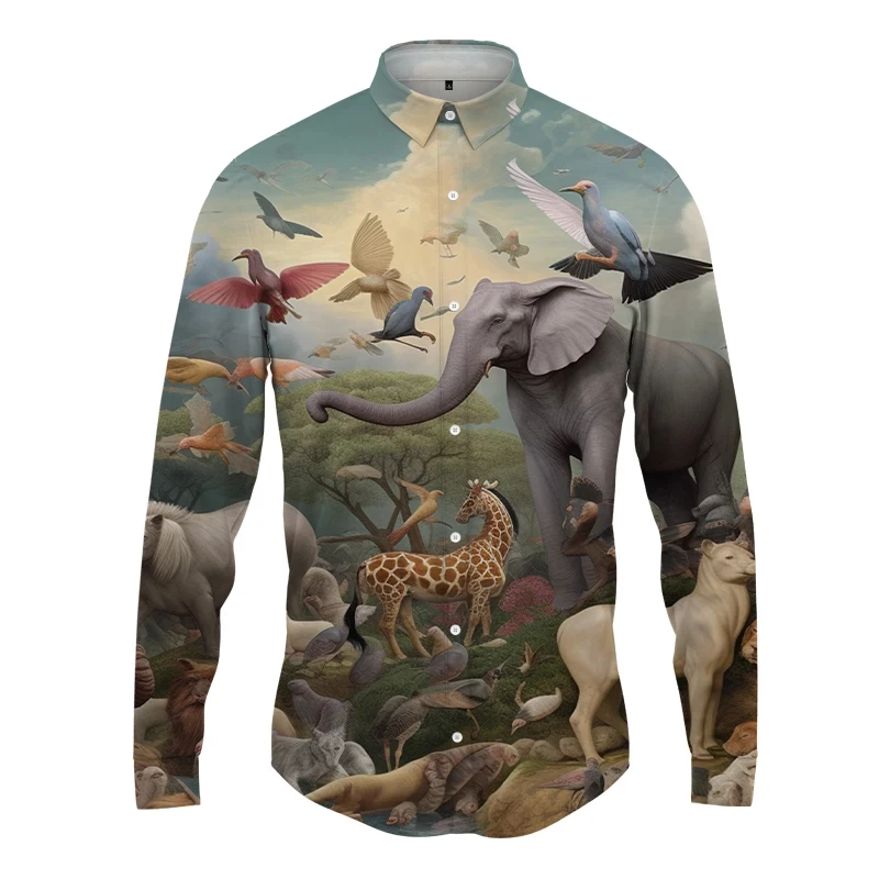 thumbnail image 1 of Nueva camisa con estampado de elefante, moda de primavera y otoño, camisa hawaiana de manga larga para hombre, ropa de calle para hombre, 1 of 5