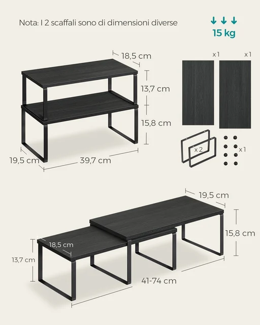 SONGMICS Set di 2 portaspezie espandibili per armadio, organizer da cucina impilabili, metallo/legno, nero inchiostro/nero ebano 5