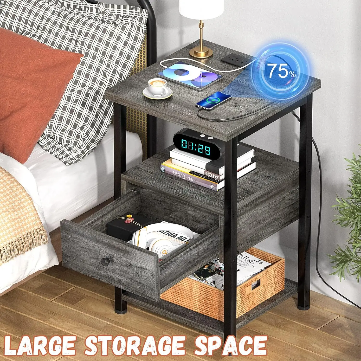 Nightstands Set of 2, 3-Tier Nightstand with LED Lights, 26.8'' Charging Station and USB Ports, Adjustable Wood Drawers, End Tab