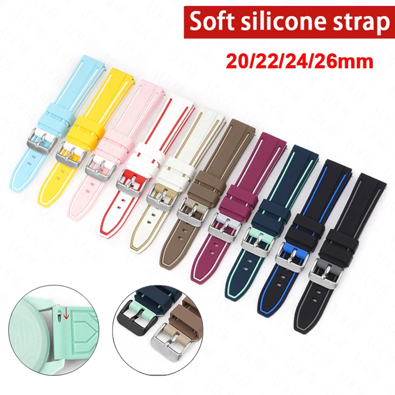 Universal Double Color Waterproof Sport Silicone Watch Strap, Quick Release Rubber Band, Unisex Bracelet