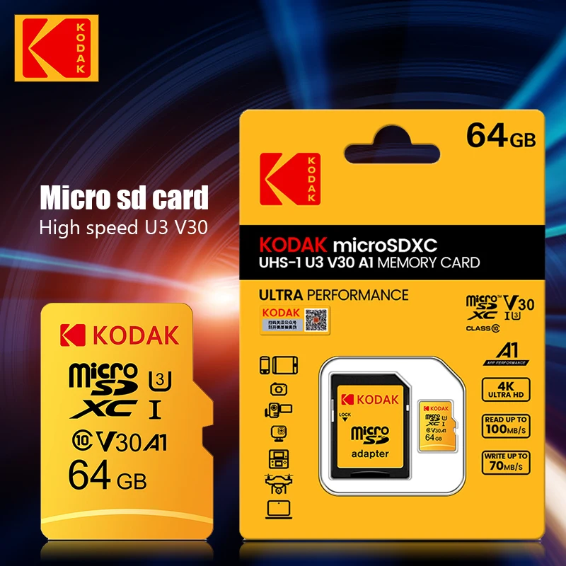 KODAK ũ SD ī ޸ ī, 32GB 64GB  TF ī, 4K Class10 Tarjeta ũ SD ī, U3 UHS-I ī,  