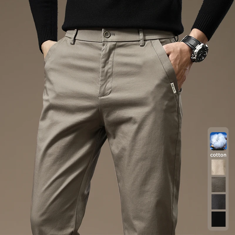 Combed Cotton Men Casual Pants 2024 New Solid Color Business Fashion Straight Slim Elasticity Khaki Gray Brand Trousers Male