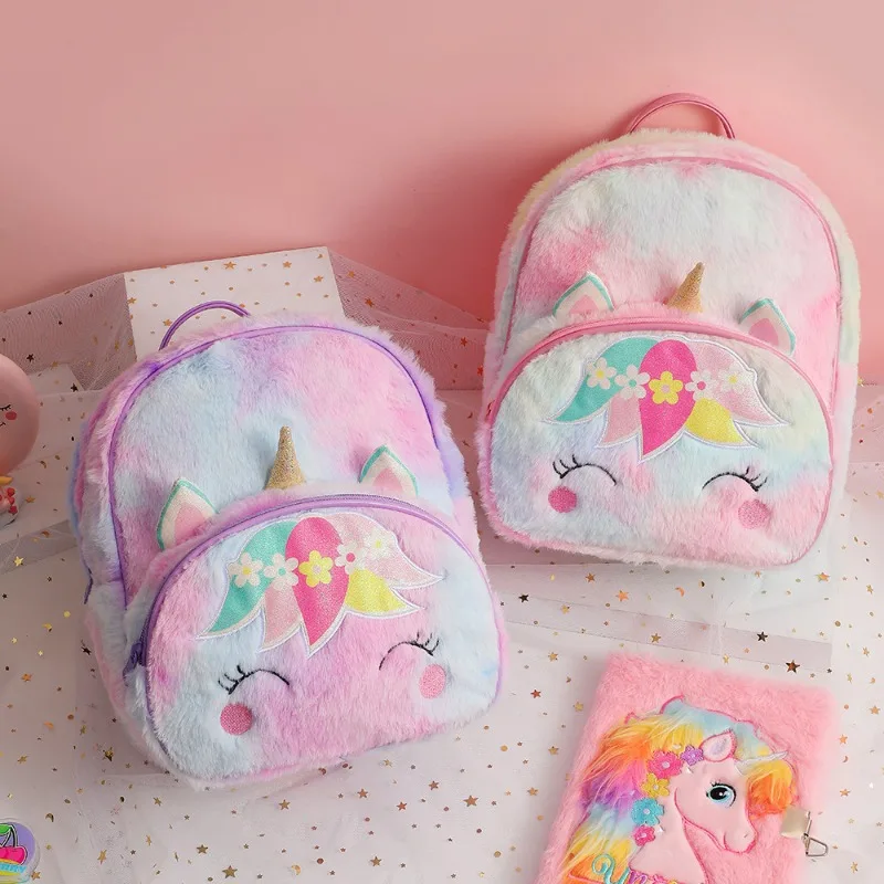 

Cartoon Kids Backpack Plush Unicorn Tie-Dye Cute Girls Backpack Lightweight Kindergarten School Bag Princess School Bag