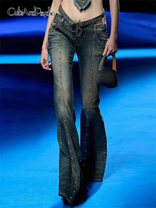 Cuteandпсихошикарные расклешенные джинсы Y2K, уличная одежда, винтажные модели 2000s, корейские джинсовые брюки в стиле Харадзюку, состаренные женские брюки