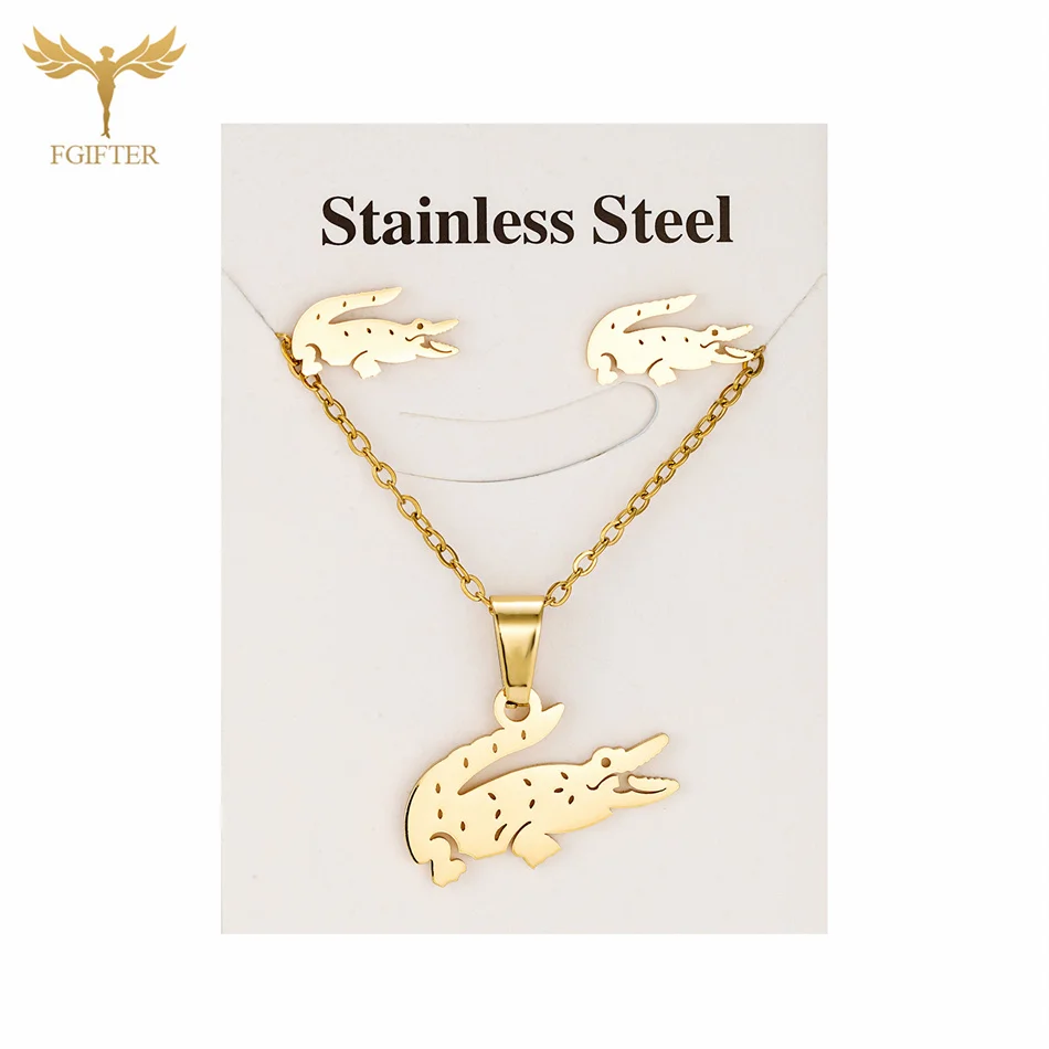 Fashion Crocodile Jewelry Set High Quality Stainless Steel Stud Earrings Pendant Chain Necklace Women Accessories Party Gifts