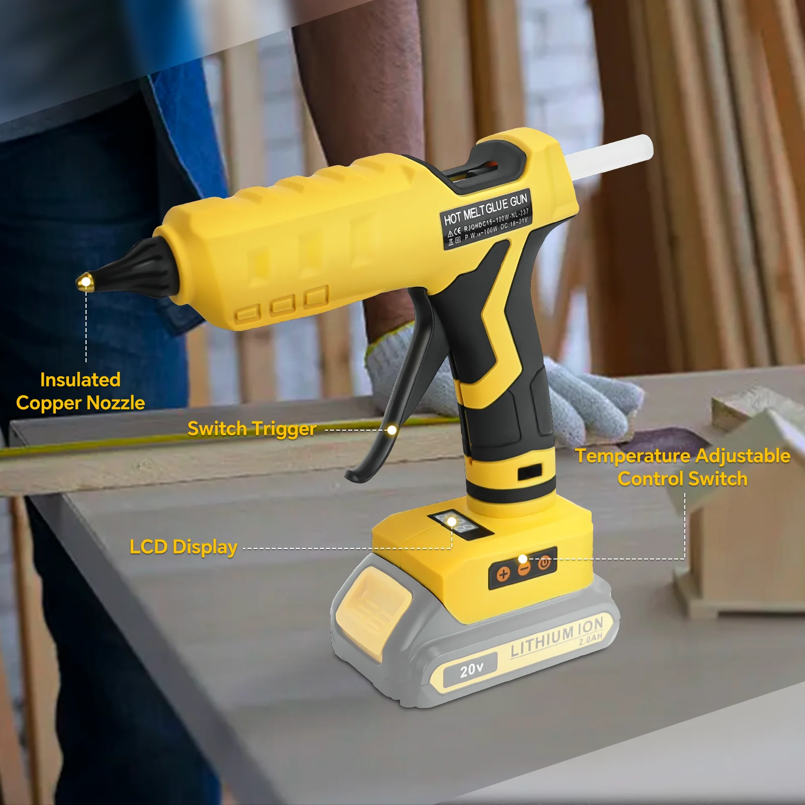 100W Cordless Hot Glue Gun Temp Adjust LCD Digital Display with 10Pcs 11mm Glue
