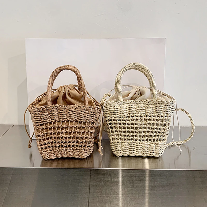 Casual Rattan Women Handbags Wicker Woven Hollow Shoulder Bags Summer Beach Basket Straw Bag Bali Big Purses Large Capacity Tote