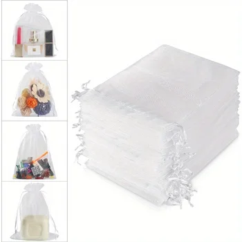 100PCS Organza Bags Random Mesh Organza Jewelry Bags Drawstring, Small Drawstring Favor Pouches Christmas Candy Wedding Birthday 2