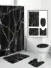 4pcs Waterproof Black Marble Pattern Polyester Shower Curtain Set, Fashionable Theme, Includes Hooks Accessories 1