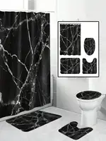 4pcs Waterproof Black Marble Pattern Polyester Shower Curtain Set, Fashionable Theme, Includes Hooks Accessories 1
