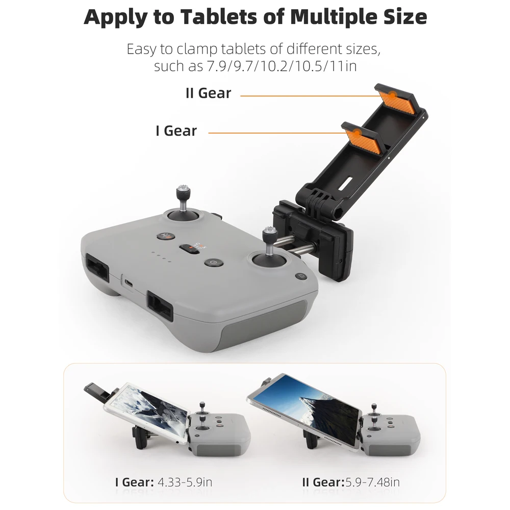 Vue rapprochée du mécanisme de fixation du support tablette pour drone, avec vis de serrage