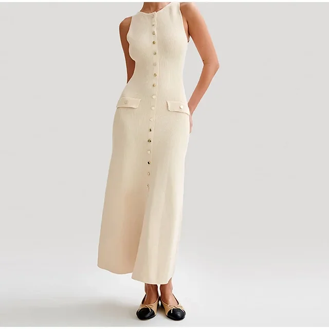2024 Summer Elegant Lady Knitted Single Breasted Long Dresses Women Solid Sleeveless O Neck Button Bodycon Party