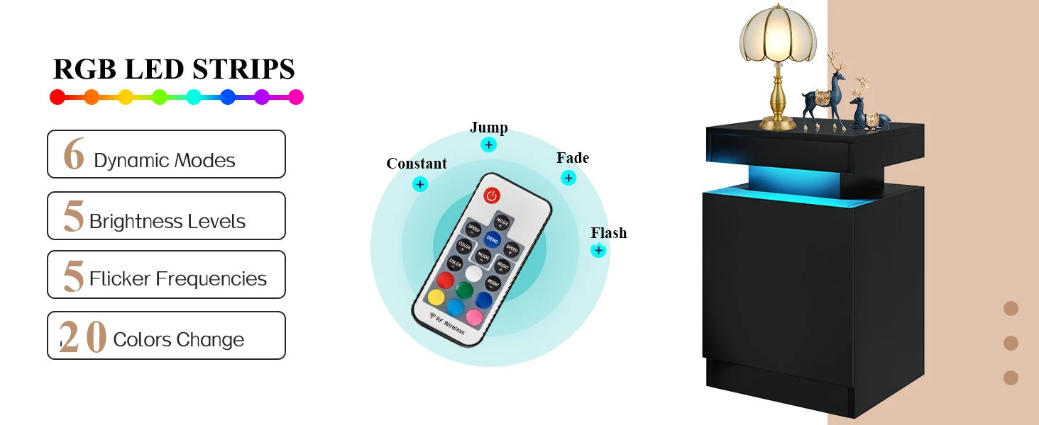 Description Picture 6 of itemNightstand Set of 2 with LED Lights,Night Stand with Storage Cabinet for Bedroom,Bedside Table with LED, Black