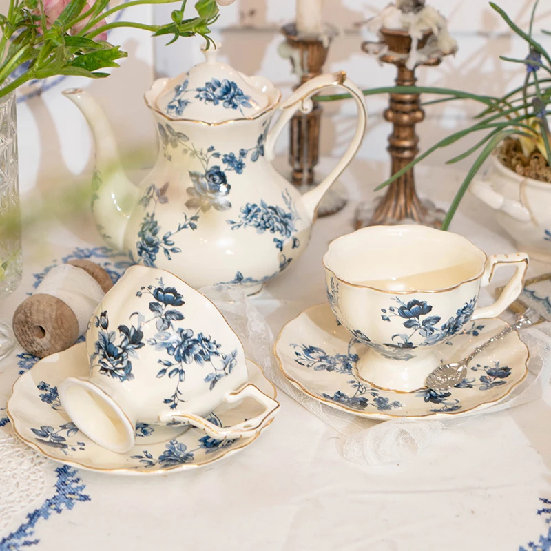 Vintage Blue and White Ceramic Coffee Pot Tea Cups and Saucer Sets Luxury  English Afternoon Tea