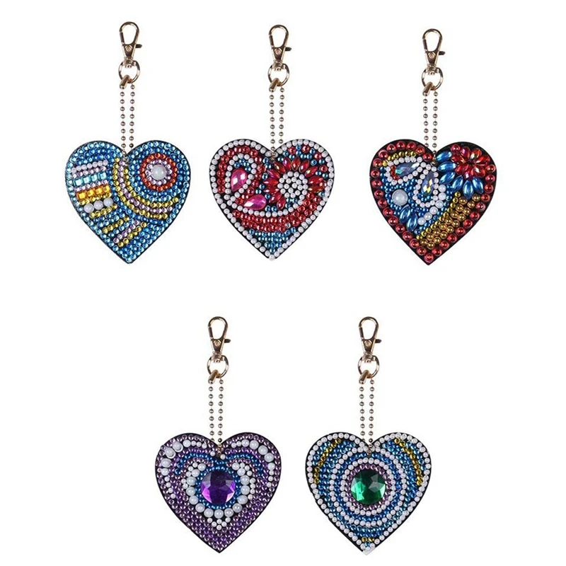 

5PCS Love Heart Diamond Painting Keychain Pendant Kits For Kids And Adult DIY Art Craft Key Ring Chain Ornaments