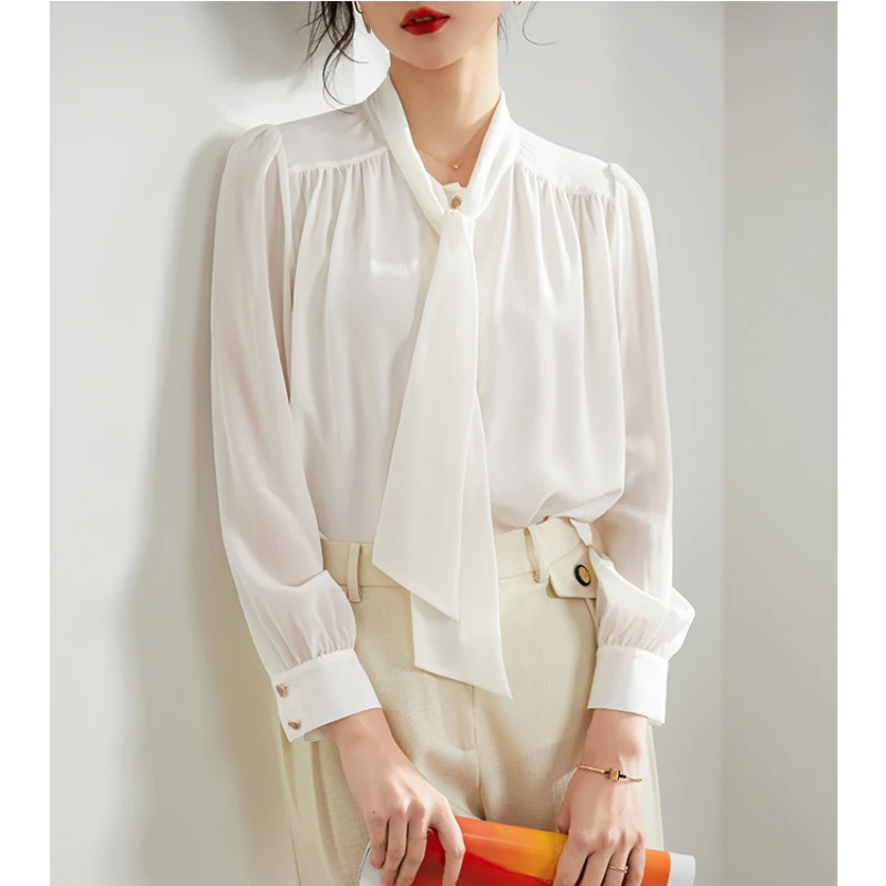 

Long Sleeves Womens Blouses Korean Fashion Women's Shirts Autumn 2023 Office Lady Real Mulberry Silk Shirt for Women Clothing Zm