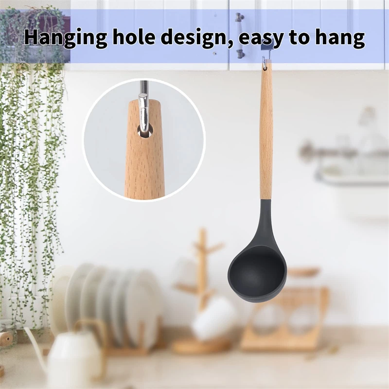 Nonstick Silicone Ladle Soup Spoon With Wooden Handle Heat Resistant Porridge Spoon Rice Ladle Soup Cooking Mixing Serving Spoon