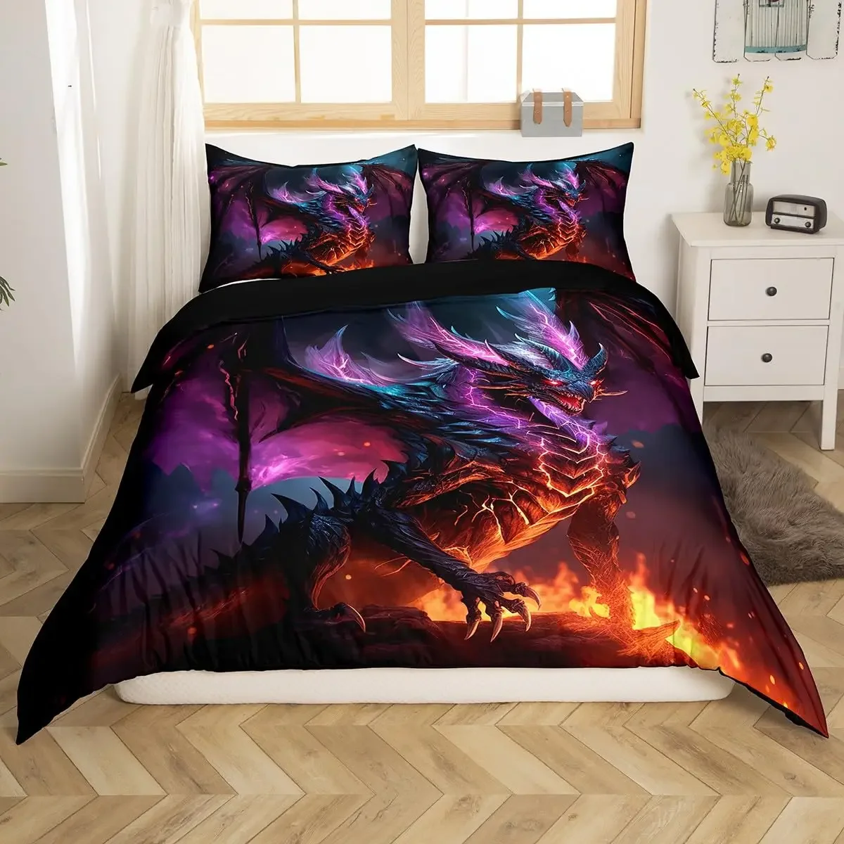 Fire Dragon Duvet Covers for Kids Teens Queen King Size Lightweight Quilt Covers Mythical Animals Pattern Bedding Set Room Decor