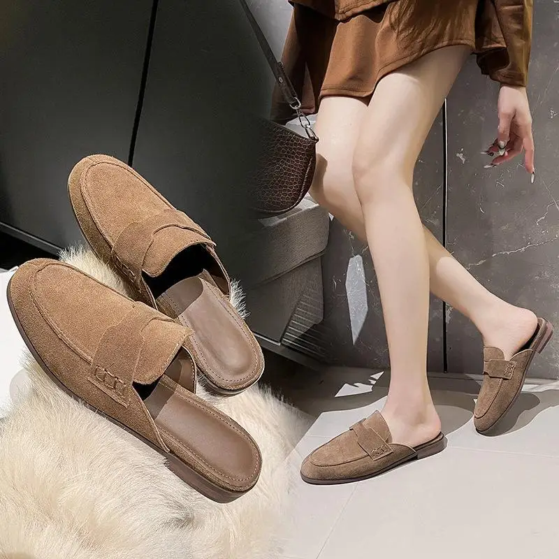 Summer New Muller Shoes Flat Bottom Half Slippers Genuine Leather Baotou Women's Shoes