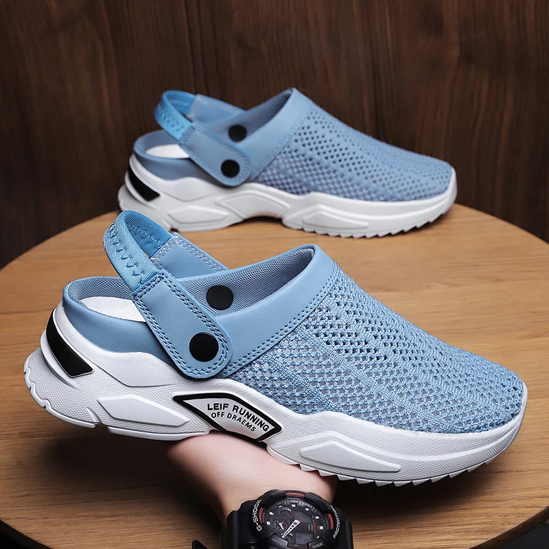 

2023 Men Summer Sandal Mesh Mules Breathable Padded Beach Flip Flops Shoes Solid Flat Bath Slippers Outside Mens Slippers