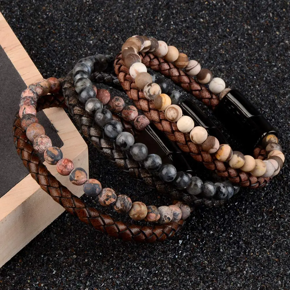 Natural Stone Bracelet Genuine Leather Braided Bracelets Black Stainless Steel Magnetic Clasp Tiger eye Bead Bangle Men Jewelry bracelet jewelry