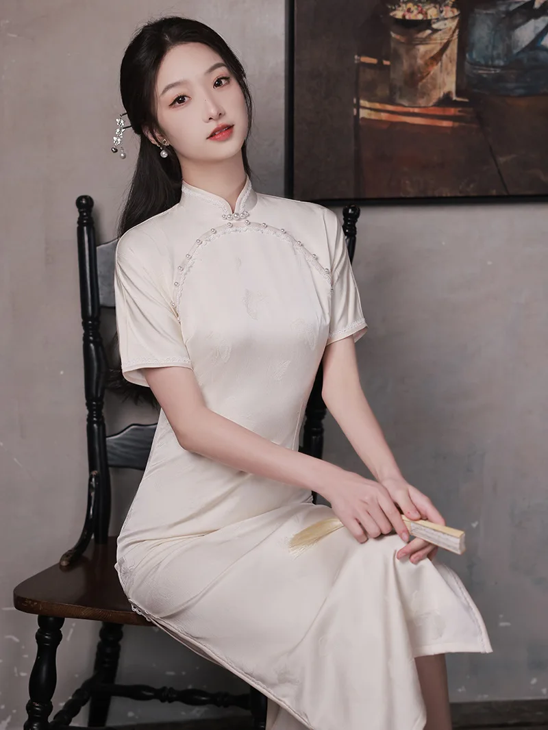 

Women Classic Short Sleeve Cheongsam Sexy Tight Evening Party Chinese Traditional Vintage Mandarin Collar Qipao