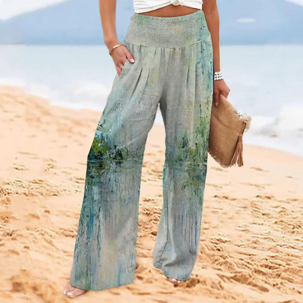 Wide Leg Trousers Stylish Women's Wide Leg Pants with Elastic Waist Pockets Tie Dye Print Casual Trousers for Spring Summer