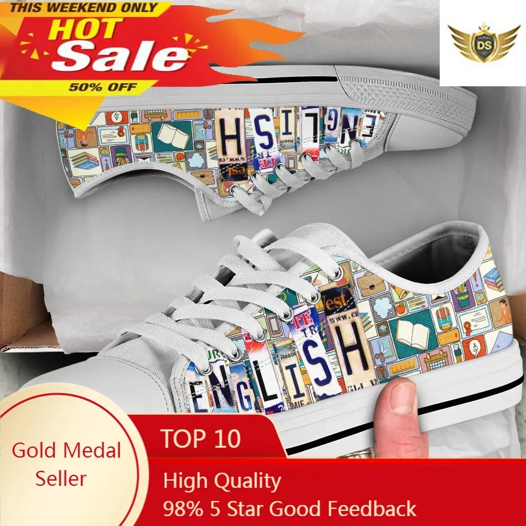 License Plate English Print Flat Shoes Lightweight Low Top Canvas Shoes For Women Casual Lace Up Sneakers Zapatillas Mujer