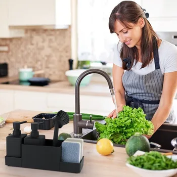 ชุดจ่ายสบู่ล้างจานพร้อมฟองน้ำและแปรงล้างจาน ชุดจัดระเบียบอ่างล้างจาน อุปกรณ์เสริมอ่างล้างจาน 1