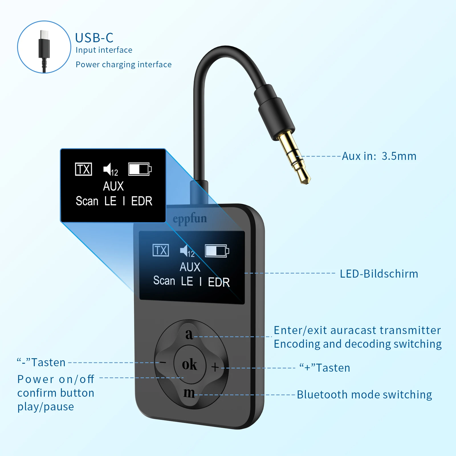 Bluetooth Adapter Bluetooth Transceiver Adapter Audio Adapter Bluetooth Aux Adaptor LE Audio Bluetooth 5.4 Audio Transmitter Adapter For TV Headphons With AptxLossless Auracast LC3 For Gaming Watching Music-Elect