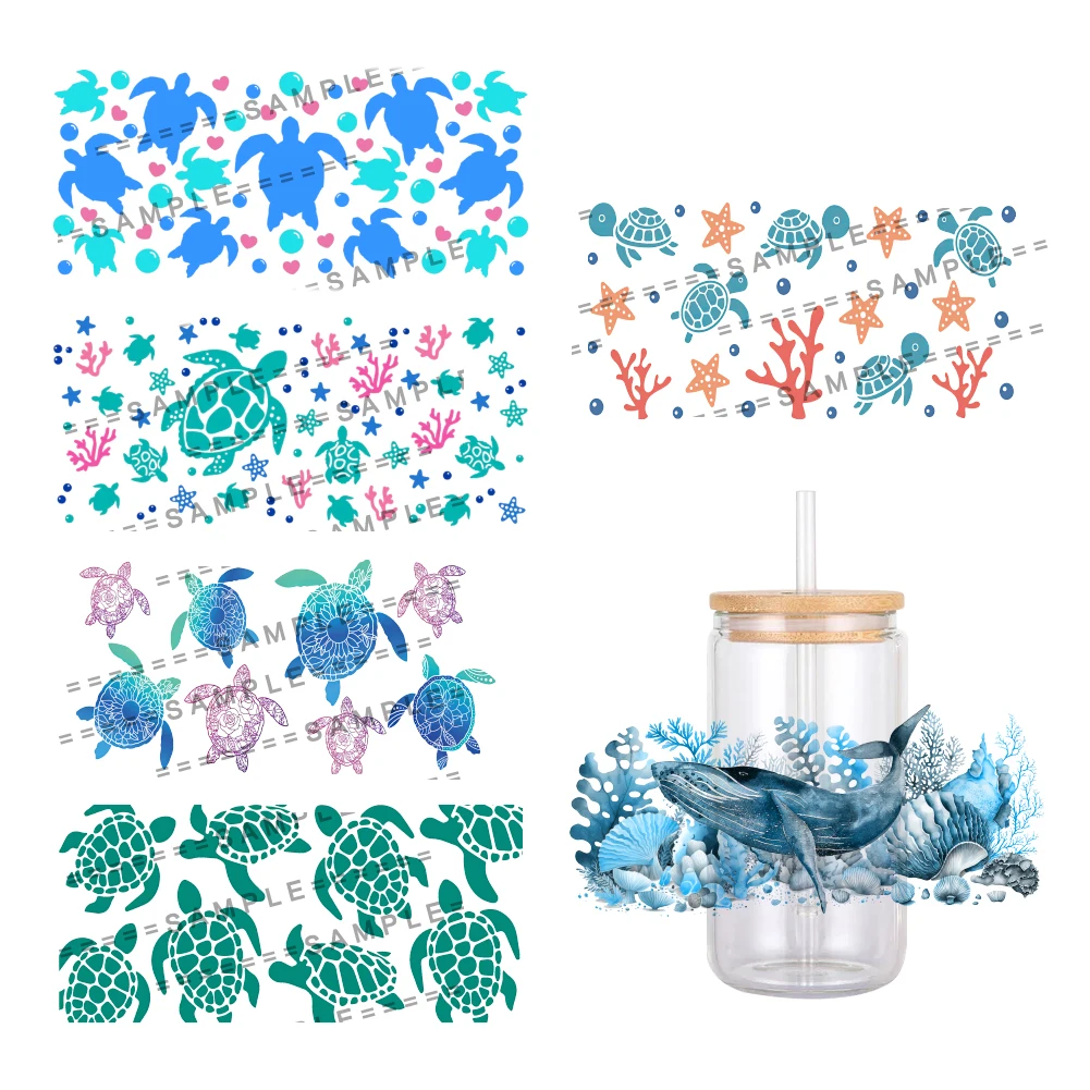 Ocean Marine Life Pattern UV DTF Transfer Sticker Waterproof Transfers Decals For 16oz Glass Cup Wrap Stickers