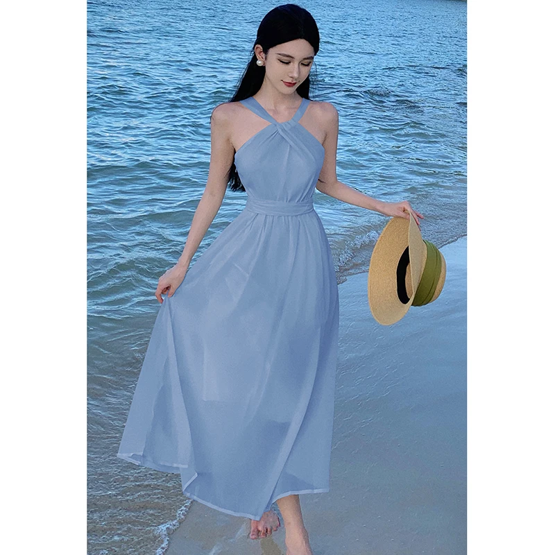 

2023 New Halter Elegant Celebrity Women Long Prom Semi Formal Evening Dress Summer Retro Gray Party Runway Vestidos Sundress