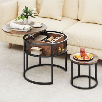 YITAHOME 2-Piece Nesting Coffee Tables - Round Lift-Top with Storage, Adjustable Height (60x50cm & 38x30cm)