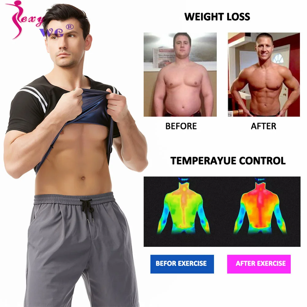 SEXYWG Men Sauna Sweat Suit Workout Compression Shapewear Gym Body Shaper Vest Slimming Short Sleeve Waist Trainer Sports Jacket